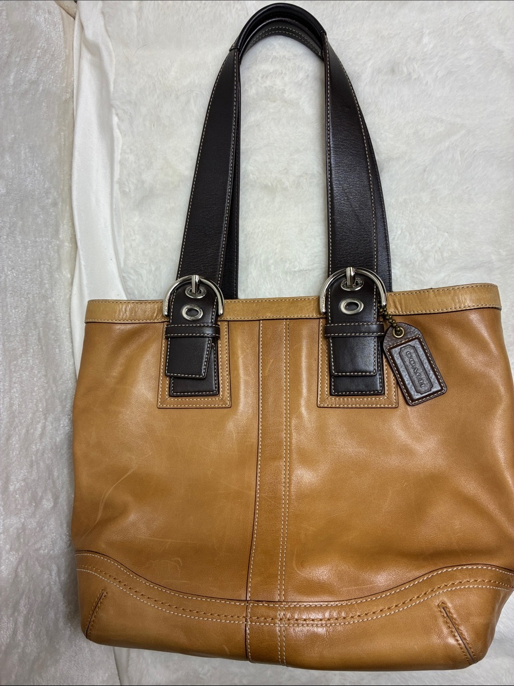 Coach Two-Tone Tan Leather Tote with Dark Brown Straps